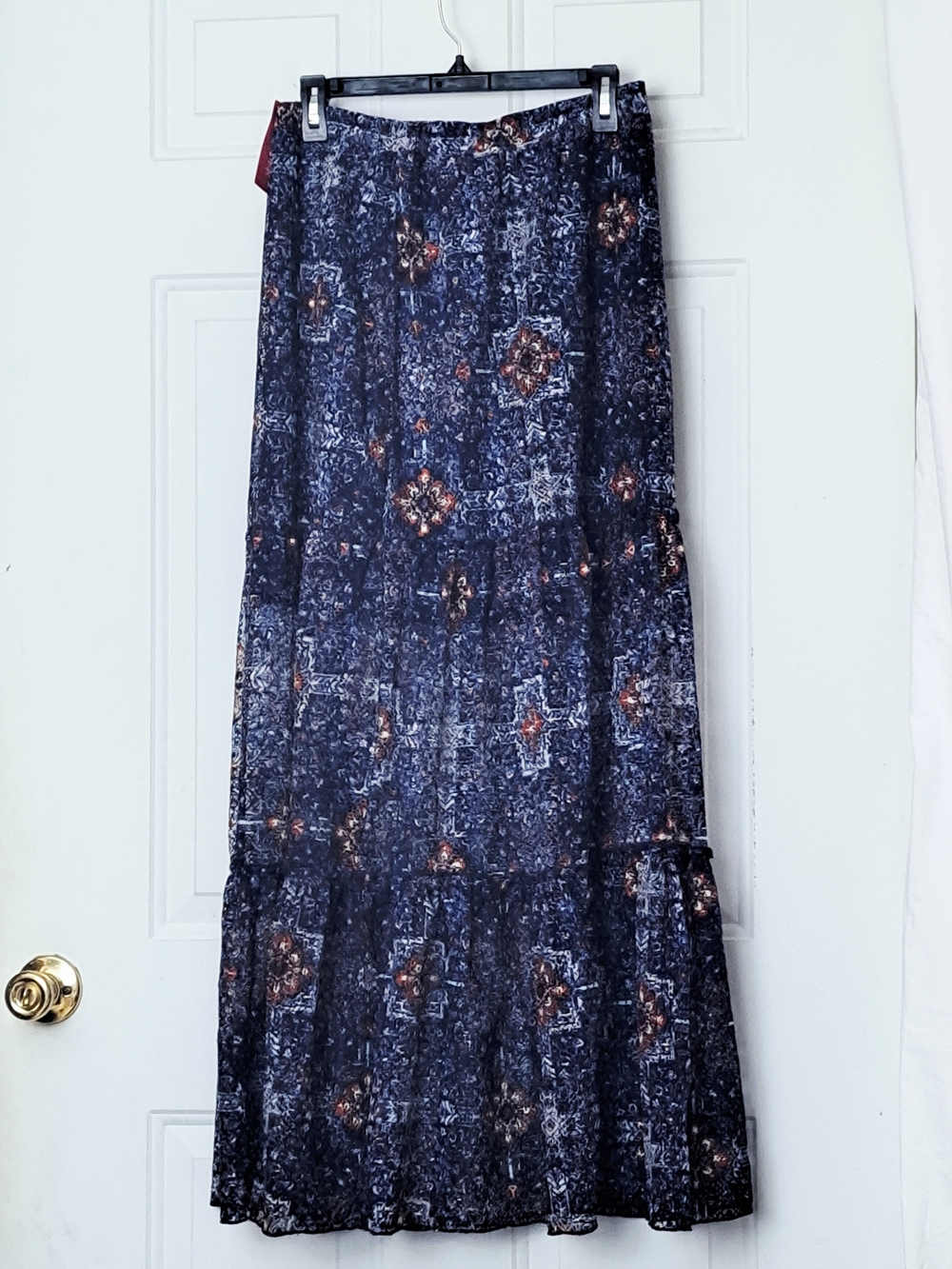 Xhilaration Women's Navy Floral Tiered Maxi Skirt with Rust Accents